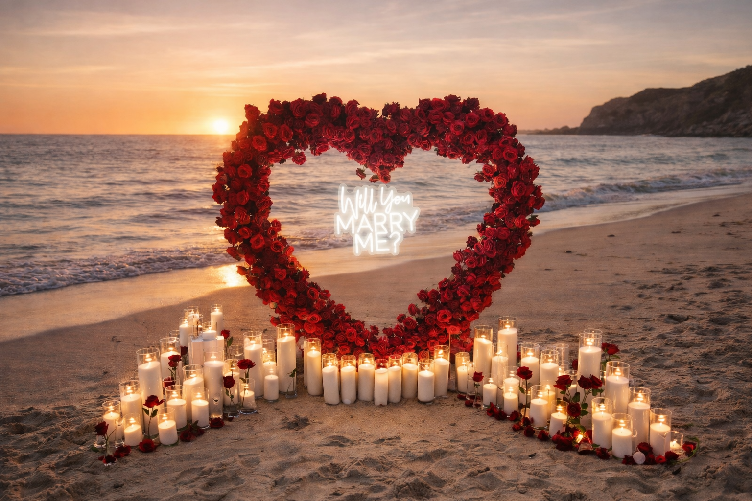 Luxury styled proposal experience featuring a red rose heart arbour and candlelight in Melbourne