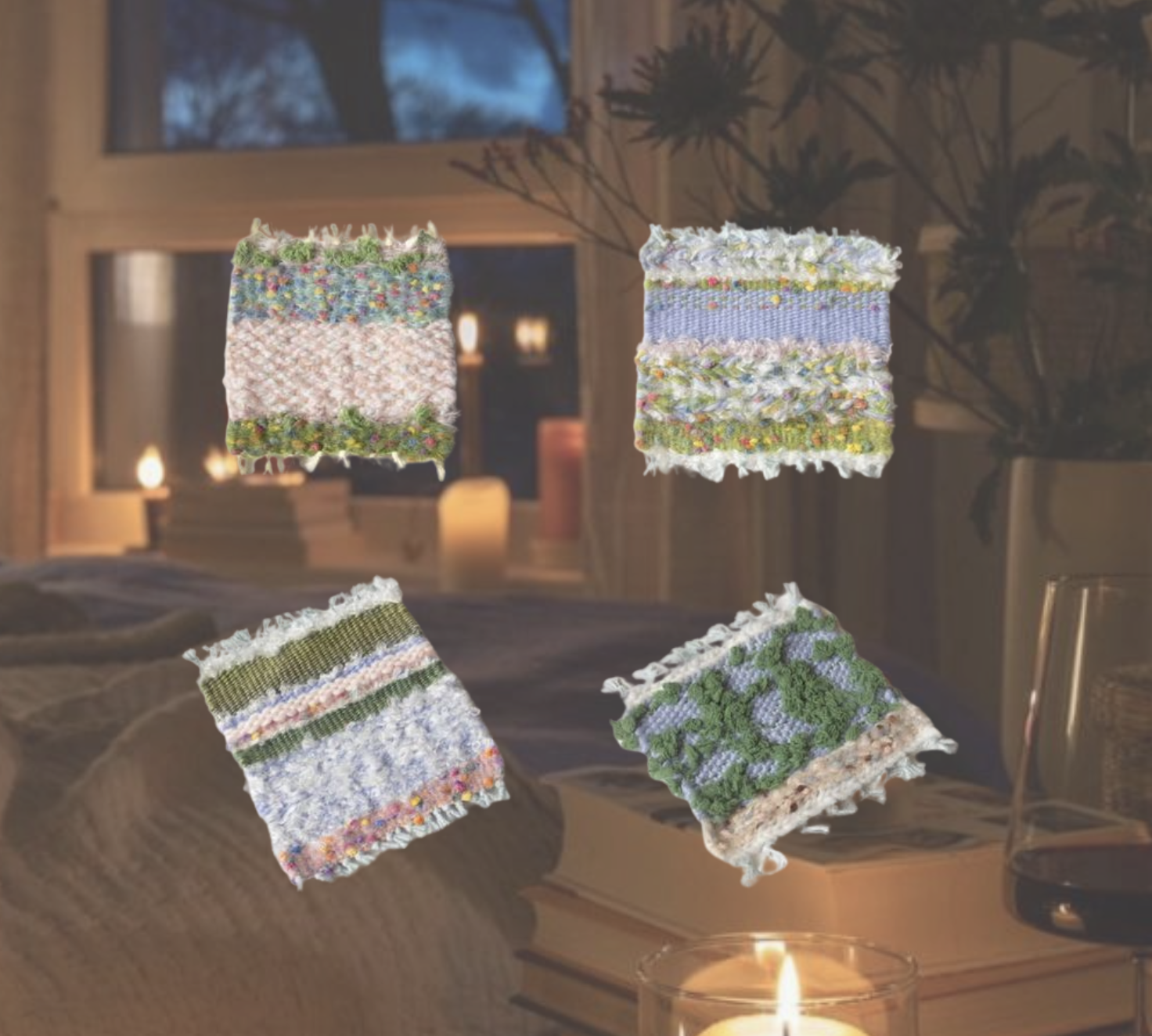Four small fabric square patches, each with different colorful and textured patterns, floating in front of a cozy indoor scene with candles, window, books, and houseplant.