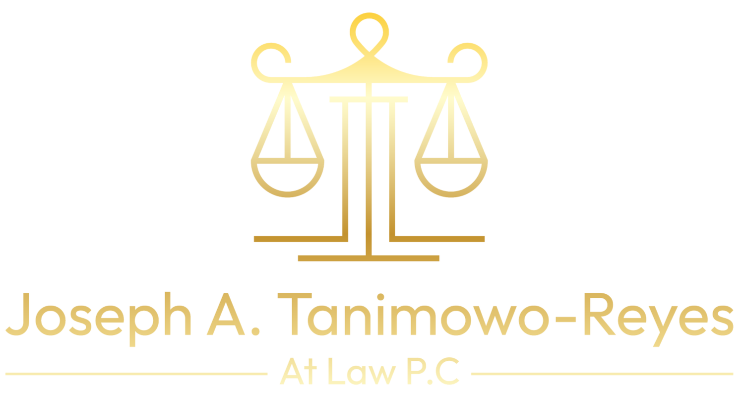 Logo of the law firm. Gold legal scale icon above the text 'Joseph A. Tanimowo-Reyes' with 'At Law P.C' underneath, framed by horizontal lines on each side.