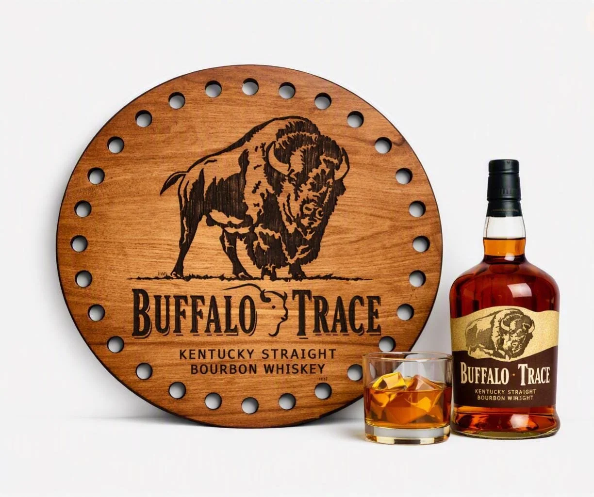 Buffalo Trace Cap Collector Bar Sign – Engraved Wooden Bourbon Whiskey Barrel Head Wall Deco