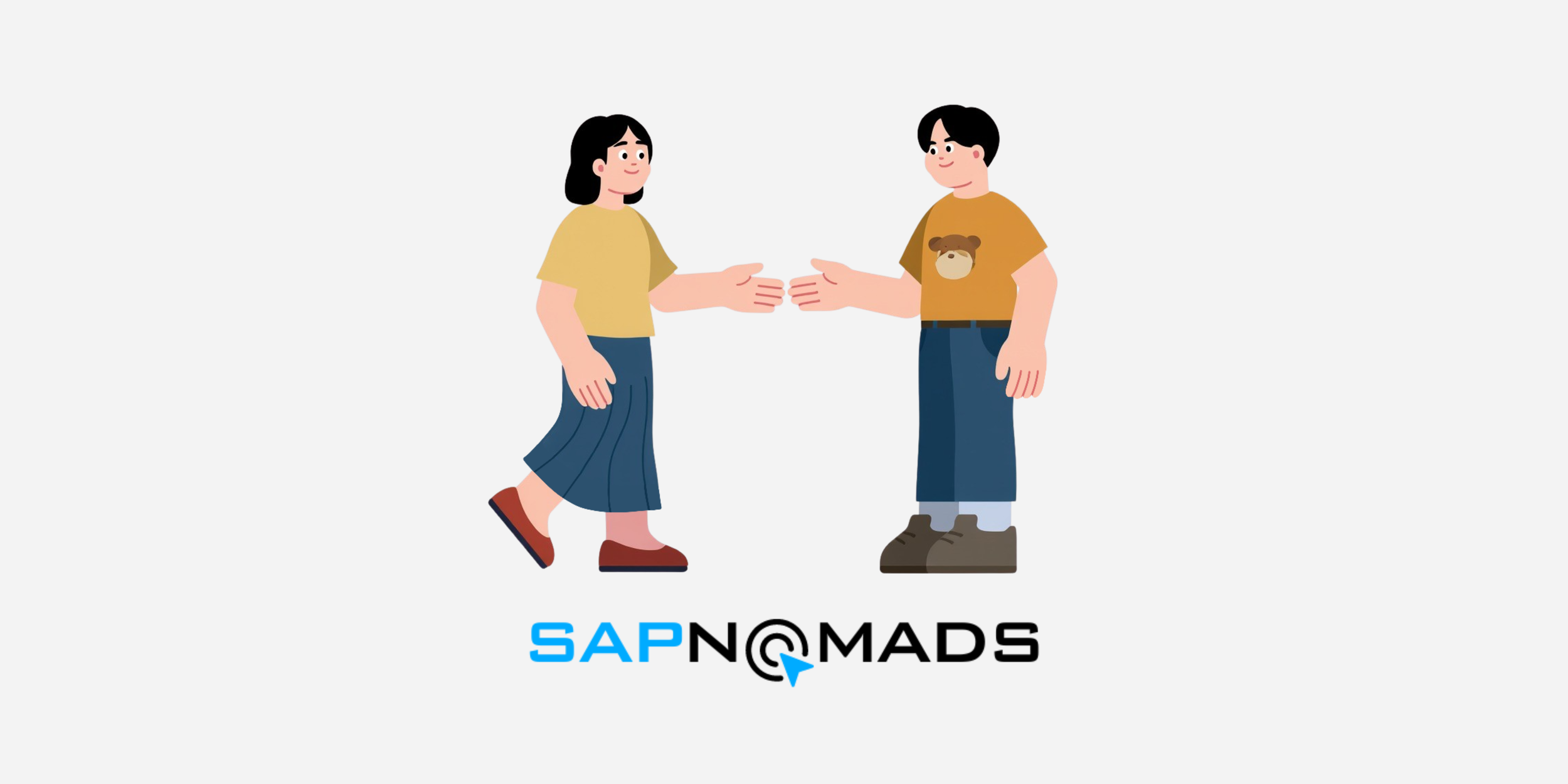 Een cartoonafbeelding van een man en een vrouw die elkaar de hand schudden, met het logo 'SAPNOMADS' onderaan.