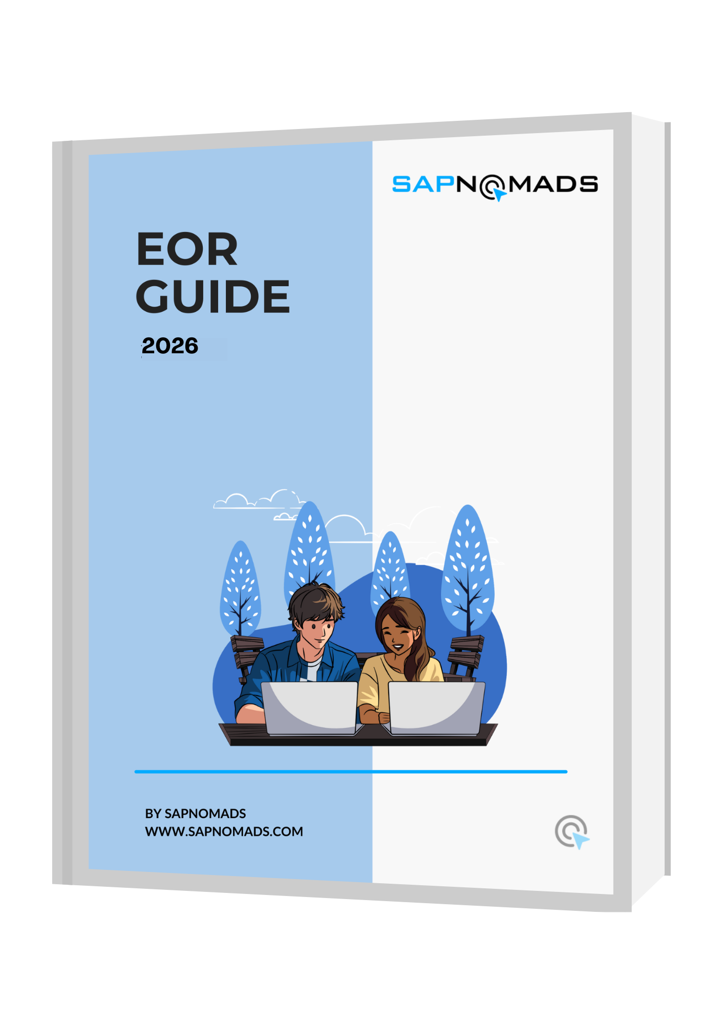 Een folder met de titel "EOR GIDE 2026" en het logo van sapnomads. Een illustration van twee mensen die met laptops werken, zittend op een bank in een bosrijke omgeving met blauwe bomen en wolken.