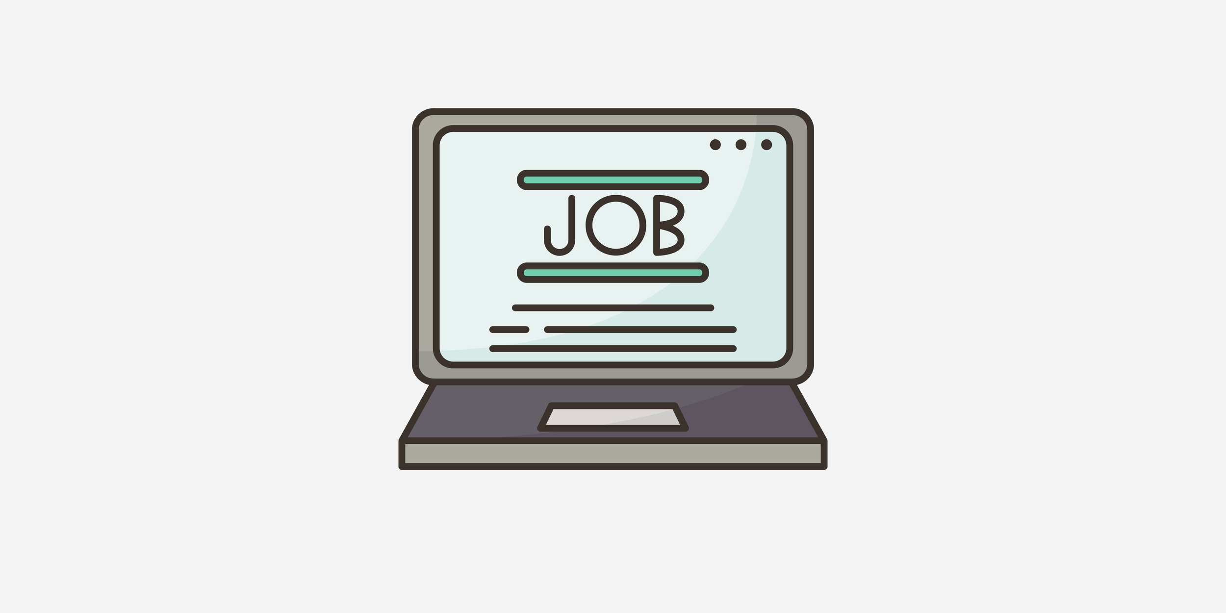 Een digitale tekening van een computer met een scherm waarop het woord 'JOB' staat, en een bureau eronder.