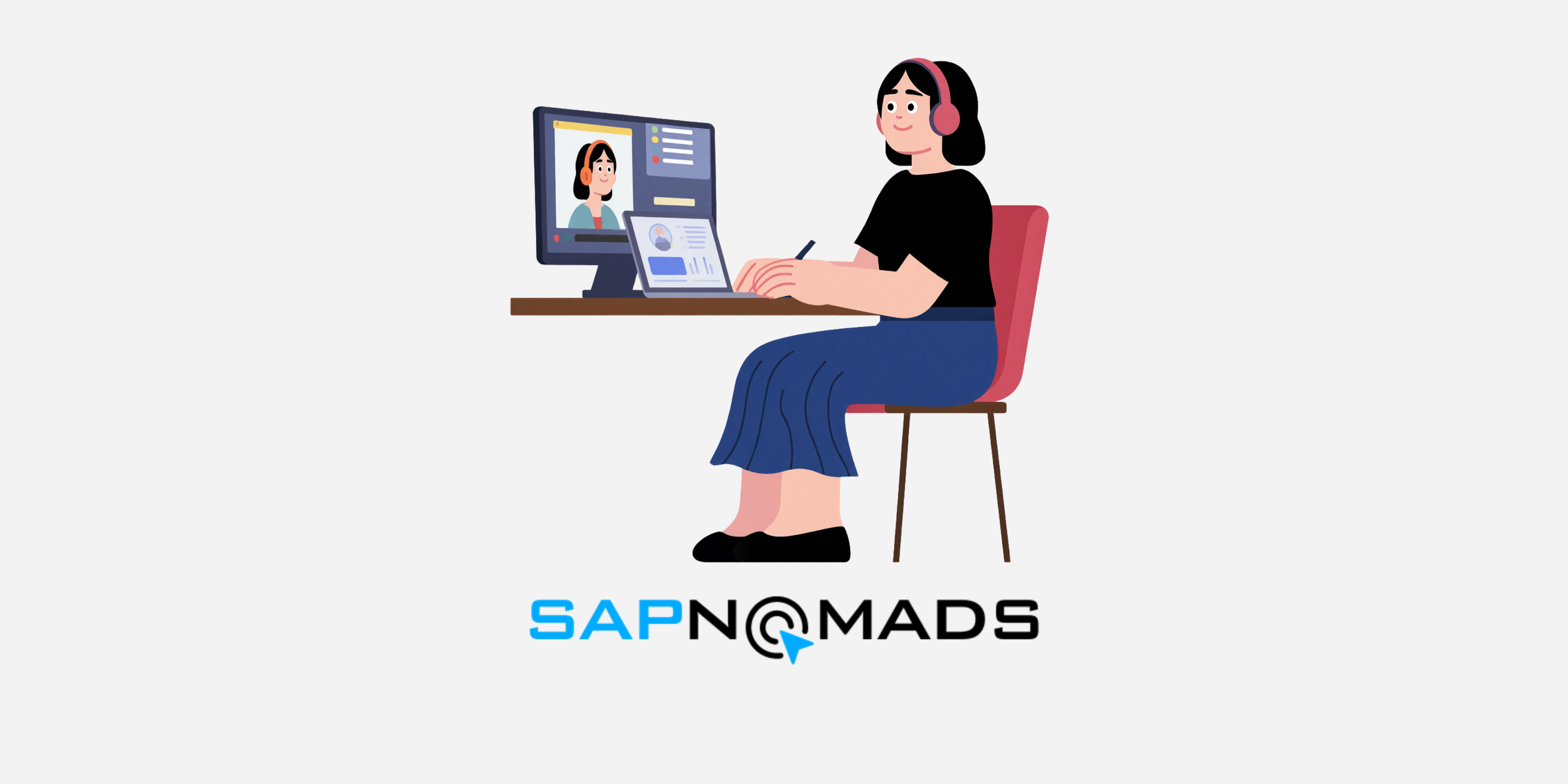 Illustratie van een vrouw met koptelefoon die een videocall voert op haar laptop. Onder haar staat de tekst 'SAPNOMADS'.