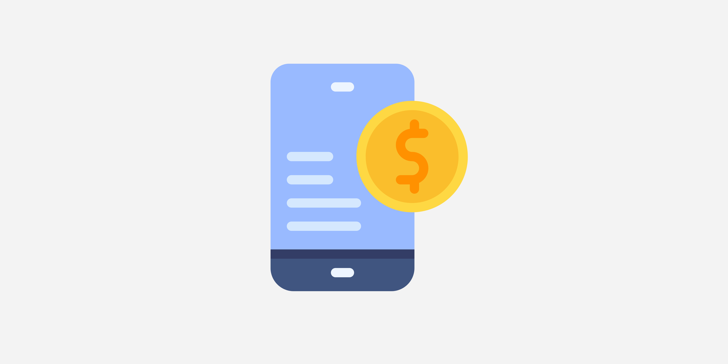 Illustratie van een smartphone met een kassabon ernaast en een goudkleurige munt met dollarmarkt op de voorgrond.