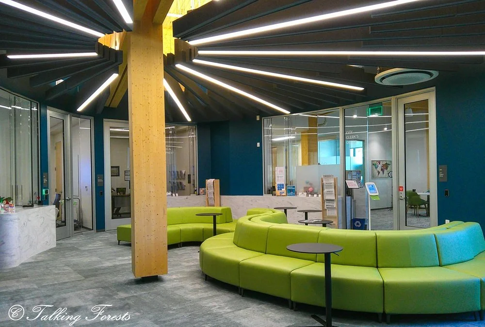 A circle roof with a mass timber beam in the middle of the lobby if a city hall. Green Lounge sofa chairs and ballistic windows for employees to feel safe behind.