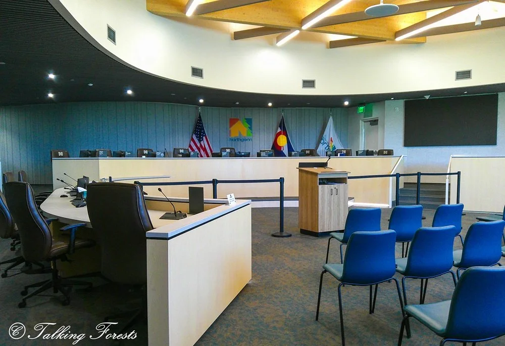 A city hall chamber features a custom-made circular mass timber roof piece. Blue chairs fill the room, and the officials' desks have a wood finish. The room is well-lit with both natural and artificial light.