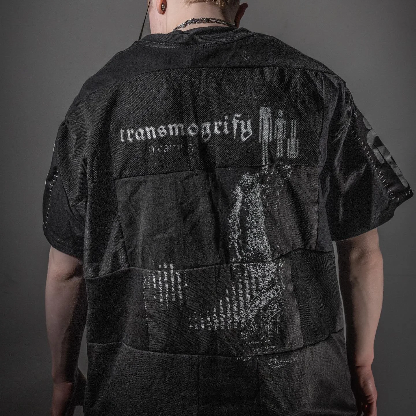 transmogrified, Mixed Media, Screenprint, 12&rdquo;x18&rdquo;~, MCF (FA320.01.26).

Sewed the shirt together out of scraps from 4-5 shirts and a pair of pants, screenprinting for the decals and patches for the sleeves

Very first prototype for the cl