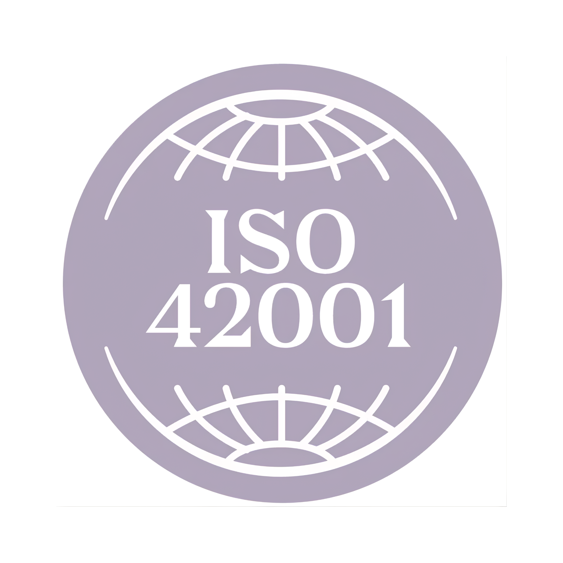 Symbol für ISO 42001 mit Weltkarte im Hintergrund in Lila.