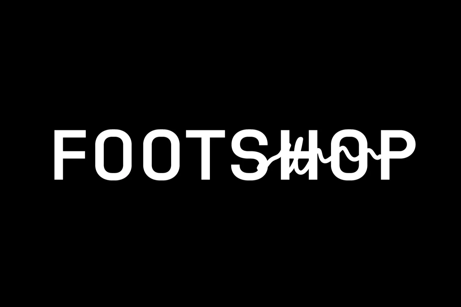 Text reading 'FOOTSHOP' with the letters reversing and layer overlay in black and white.