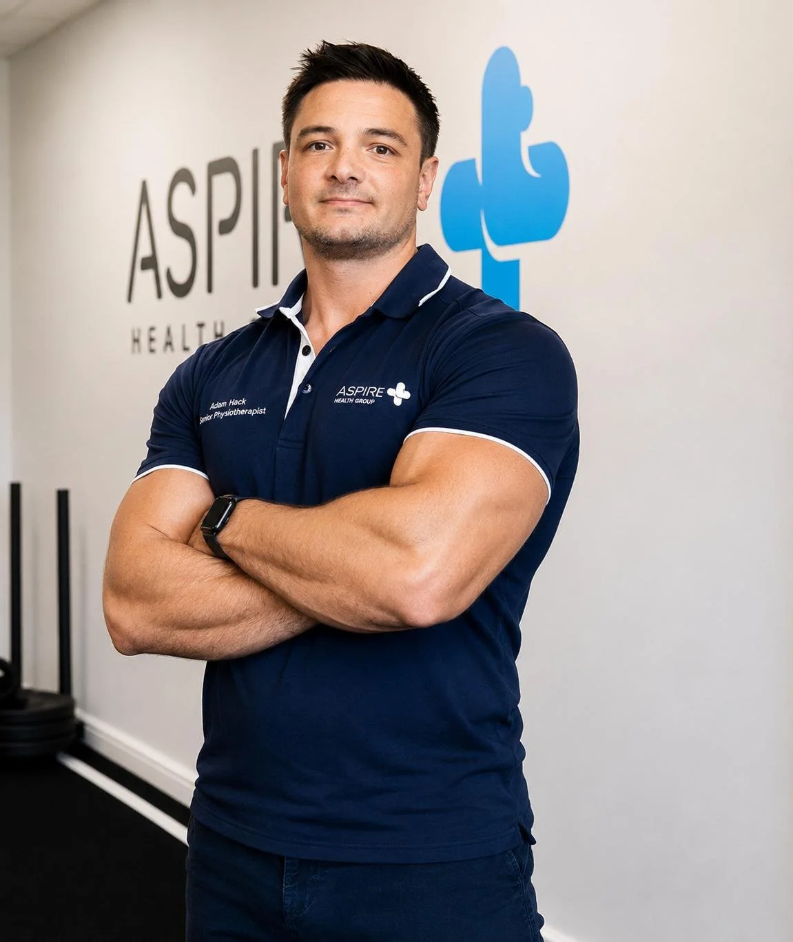 A man in a navy blue polo shirt with crossed arms, standing in front of a wall with the 'Aspire' logo and a thumbs-up symbol, inside a fitness facility.