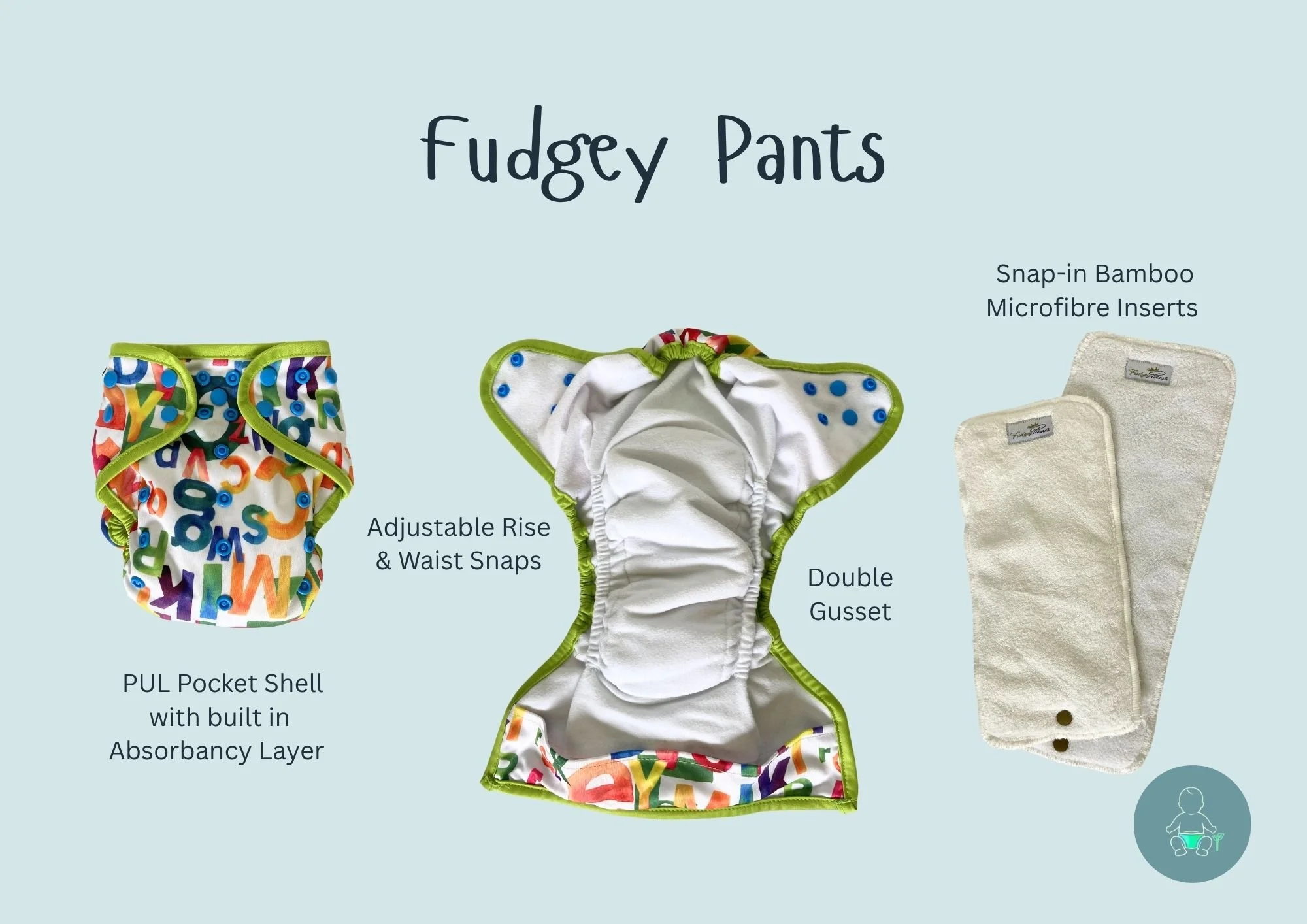 Display of different types of cloth nappy diapers, including a colorful PUL pocket shell with built-in absorbency, a snap-in bamboo microfiber insert, and a double gusset diaper with leak-proof features.