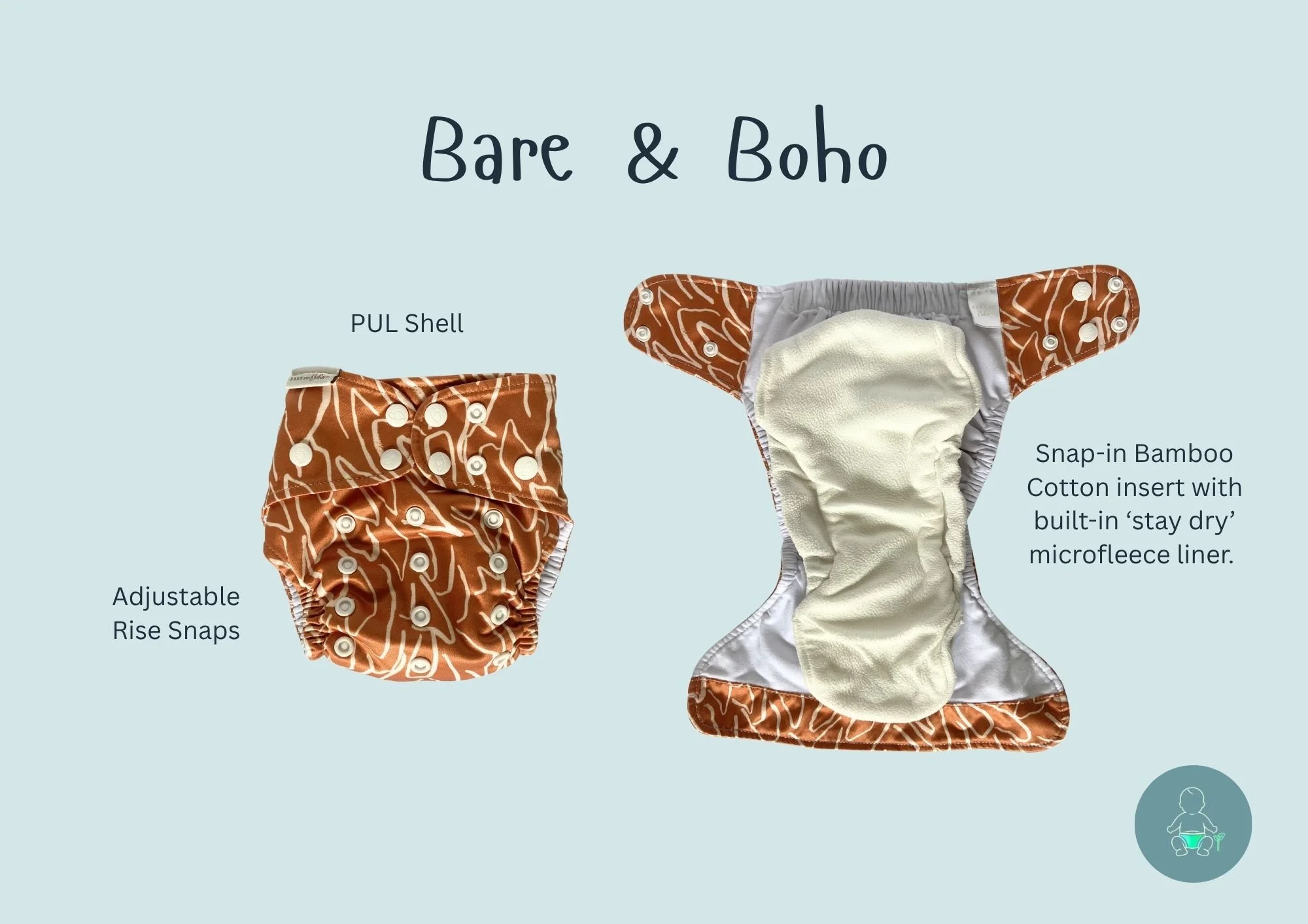 Image of a cloth diaper with adjustable rise snaps, PUL shell, and snap-in bamboo cotton insert with built-in stay dry microfleece liner, labeled 'Bare & Boho'.