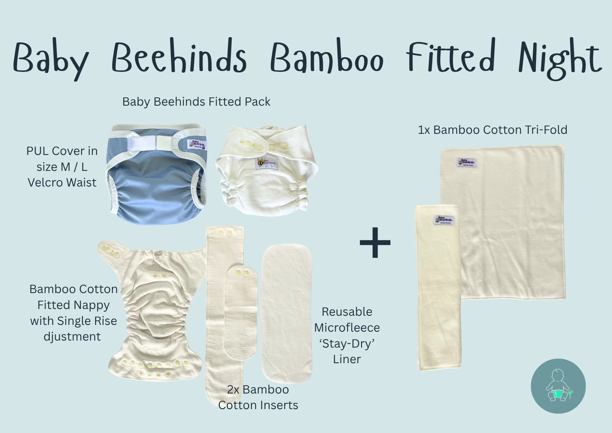 Image of a bamboo cotton fitted nappy with single rise adjustment, bamboo cotton tri-fold fitted night night, reusable microfleece stay-dry liner, and bamboo cotton inserts displayed with a light blue background and product labels.