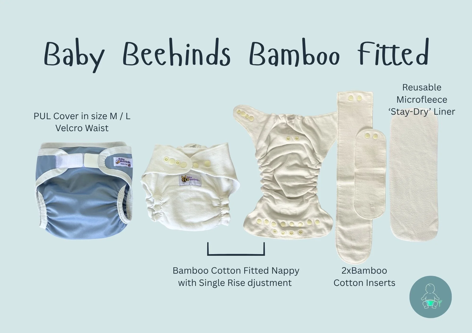 Display of bamboo and cotton fitted nappy diapers and inserts for babies, including a blue nappy cover, cotton nappy with rise adjustment, bamboo cotton fitted nappy, and bamboo cotton inserts.