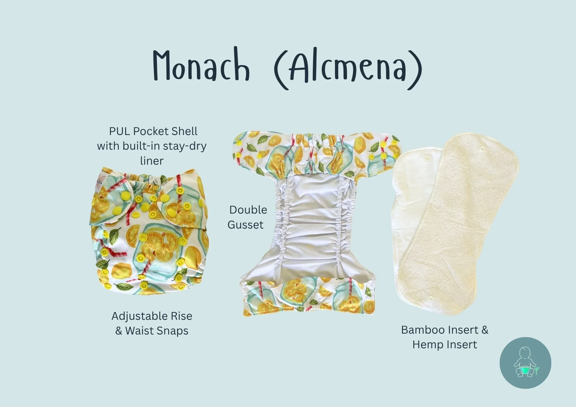 Image showing a colorful cloth nappy diaper with lemon and floral pattern, with features like adjustable rise and waist snaps, bamboo and hemp inserts, and a built-in stay-dry liner.