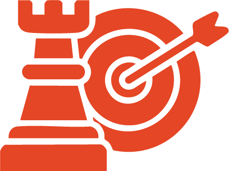 A red rook chess piece next to a target with an arrow hitting the bullseye.