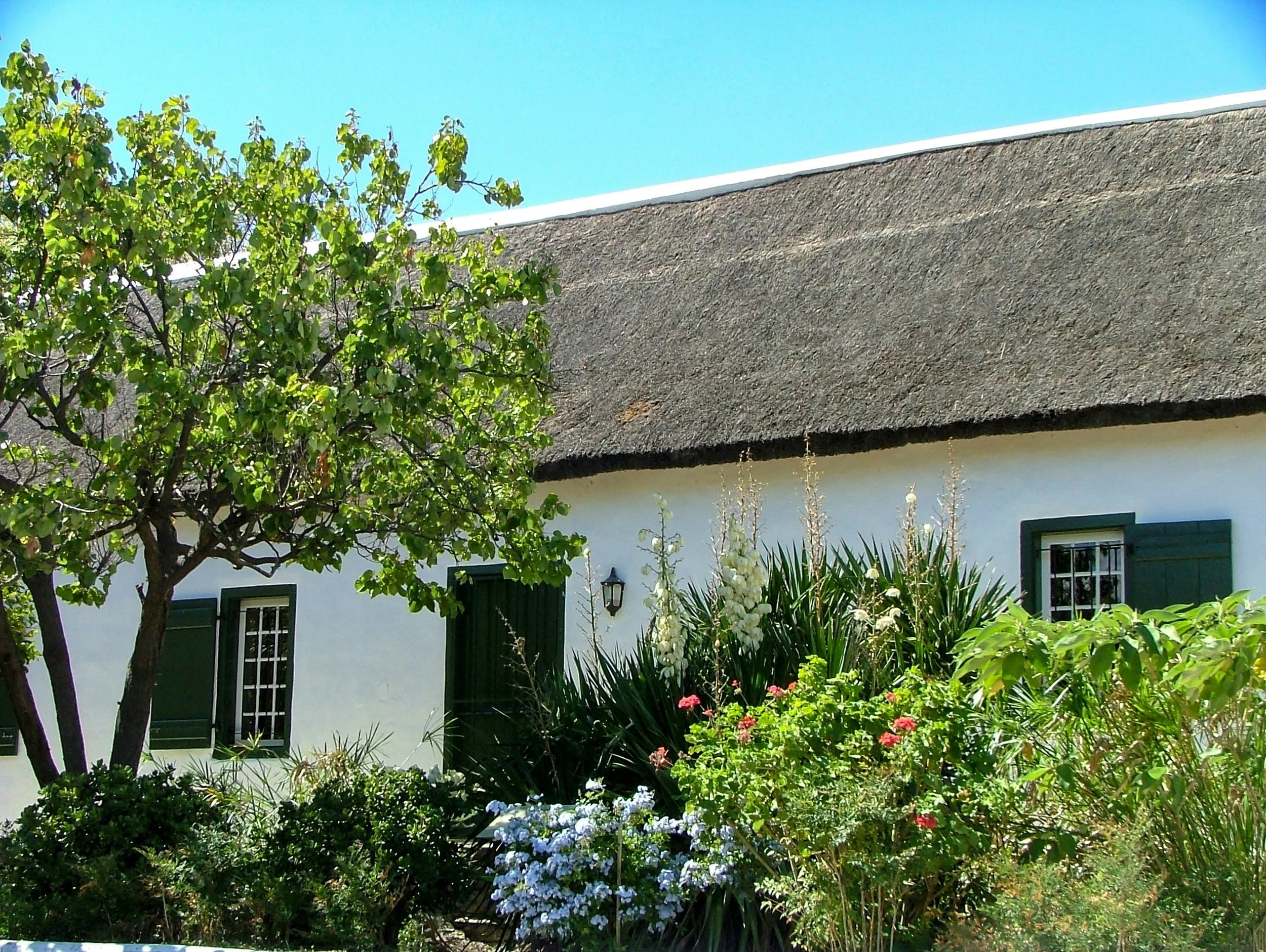 A white house with a thatched roof, surrounded by lush greenery and colorful flowers, under a bright blue sky.