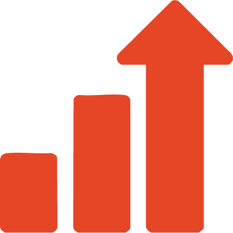 A red upward trending bar graph with three bars increasing in height, topped by an arrow pointing up.