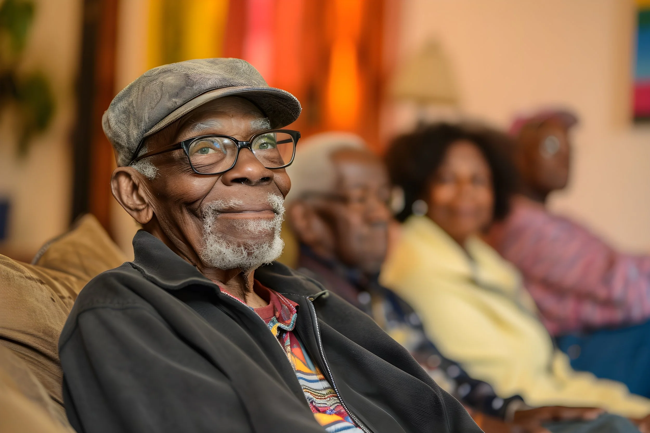 A senior man with glasses, a cap, and a beard, smiling while sitting on a couch with three other elderly people in the background.