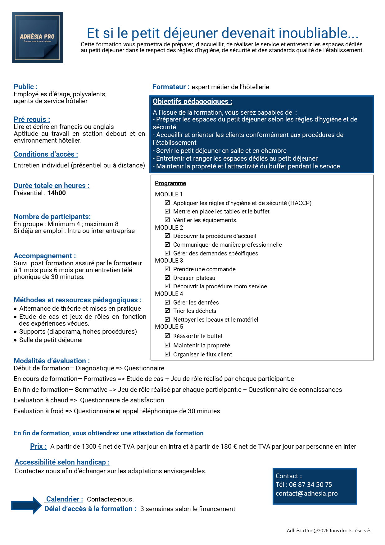 programme de formation sur la préparation et la gestion du petit déjeuner en établissement hôtelier, avec programme, objectifs pédagogiques, conditions d'accès, et contact.