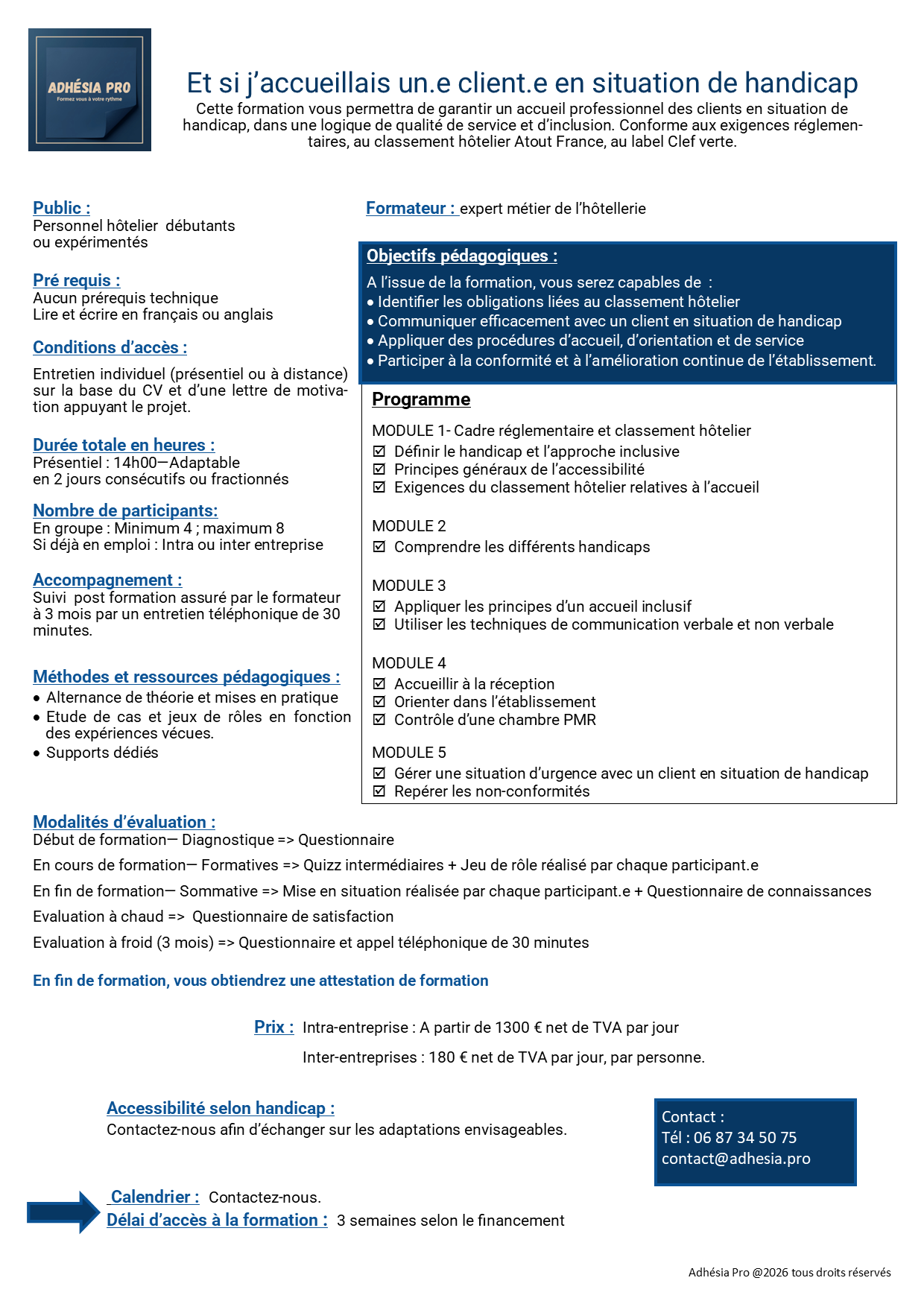 programme de formation sur l'accueil des clients en situation de handicap dans la restauration, avec détails sur le public, objectifs pédagogiques, programme, modalités d'évaluation, prix, contacts et calendrier.