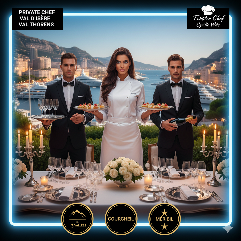 Private chefs Monte Carlo à Courchevel  1850, 1650, 1550, les 3 Vallées, Meribel, la Tania, le Praz, le Moriond, St Martin de Belleville, Val d’Isere, Val Thorens