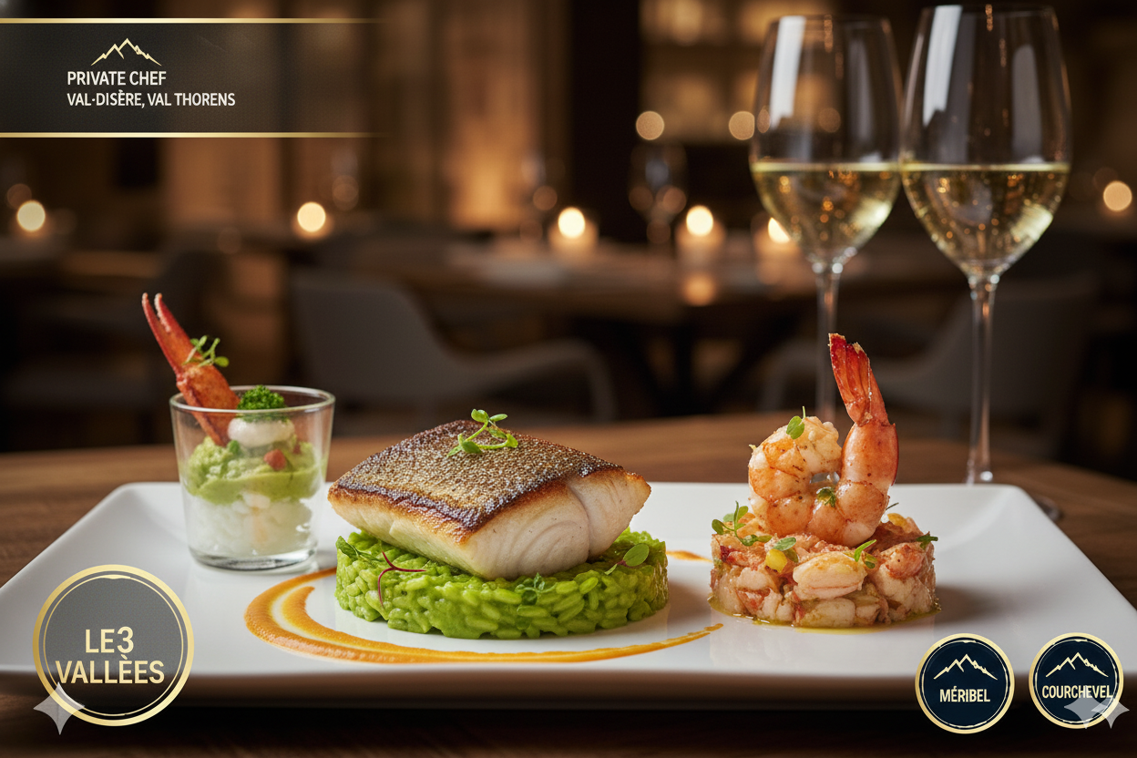 Plat chaud Le "Duo Terre & Mer : Pavé de Poisson Rôti sur Risotto Vert" - Hot dish "The Surf and Turf Duo: Roasted Fish Fillet on Green Risotto"