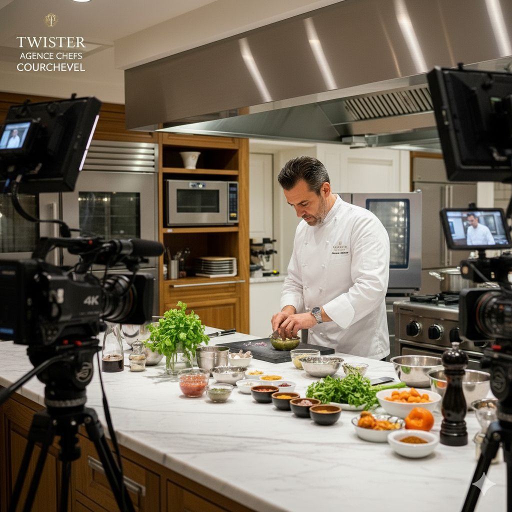 Un chef en cuisine en train de préparer un plat, entouré de divers ingrédients et épices, avec des caméras de tournage autour de lui.