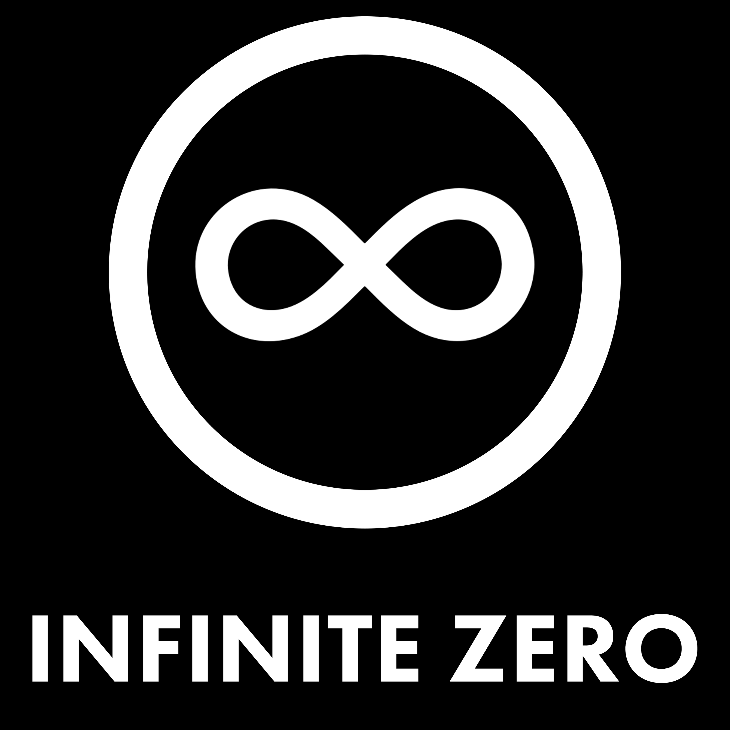 Infinite Zero Pictures logo. A black square with a white circle containing an infinity symbol at the center. Below, the words 'INFINITE ZERO' are written in white uppercase letters.