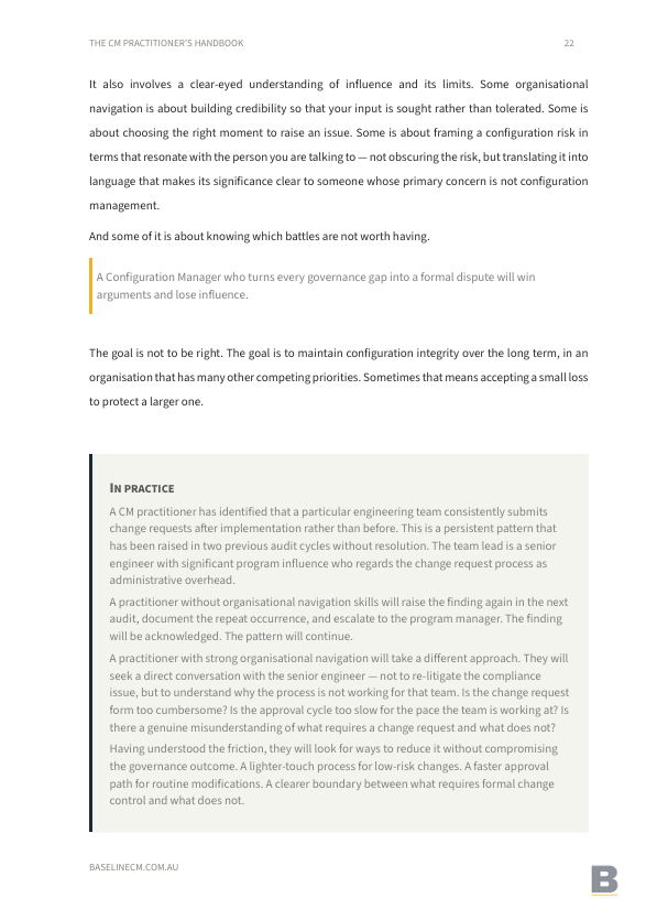 A page from The CM Practitioner's Handbook, featuring a section titled 'In Practice' with text about change request processes and governance in engineering teams.