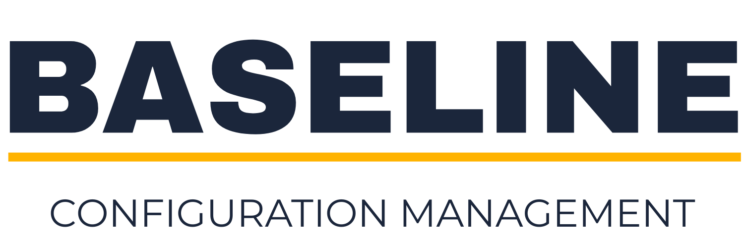 Logo of Baseline Configuration Management with bold dark blue text and an orange underline.