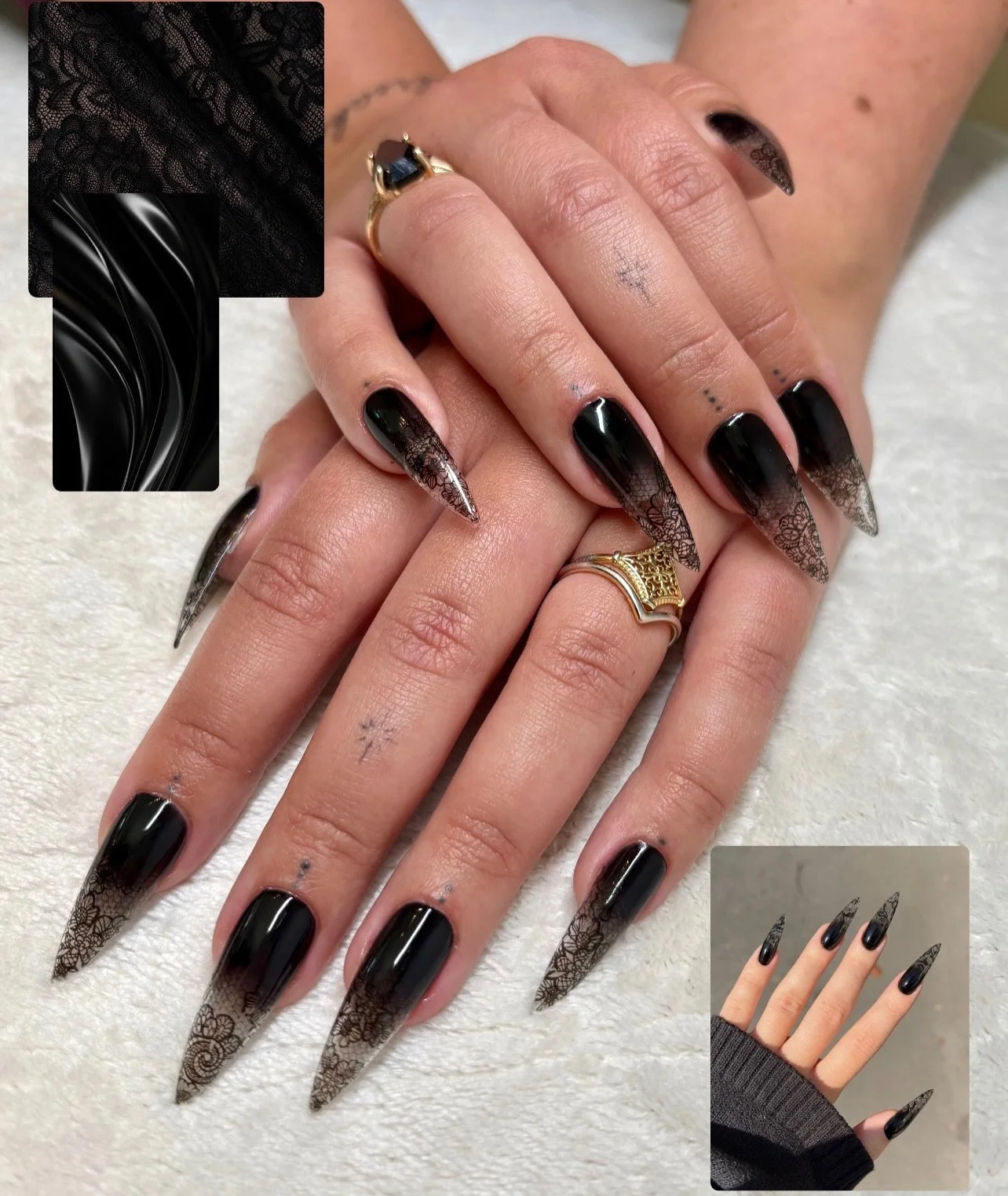 She gave me the inspo pic down in the right corner&hellip; 
I think I NAILED IT 🖤

This set just hits different, it&rsquo;s giving chique, sexy, edgy! 

See the last photo for the before pic. 🤭

#hellevoetsluis #voorneaanzee #stilettonails #lacenai