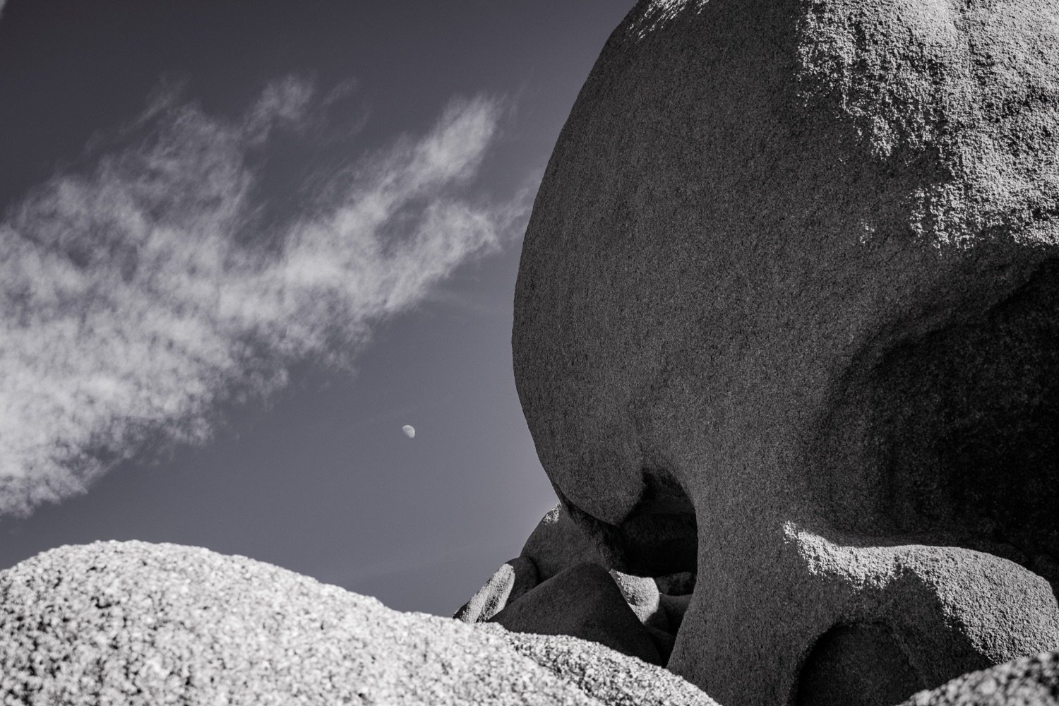 Close-up of large, textured granite boulders with the moon and sky in the background.