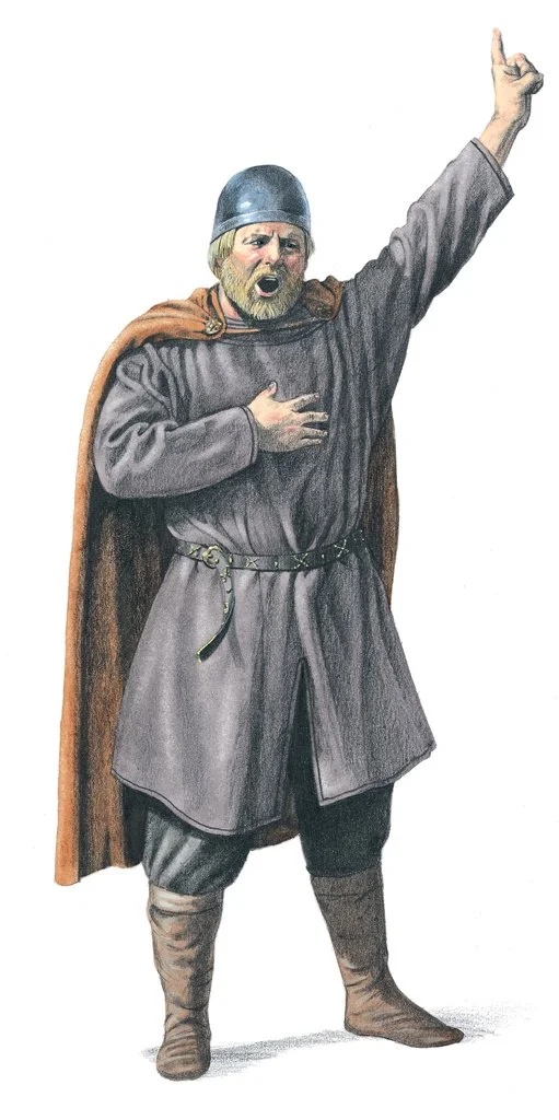 Illustrasjon som viser kong sverre med ein neve i lufta.