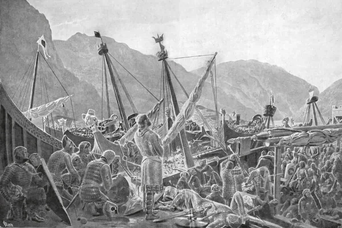 Svart kvit illustrasjon som syner kong sverre synge bønerop til sine menn etter at slaget var vunne.