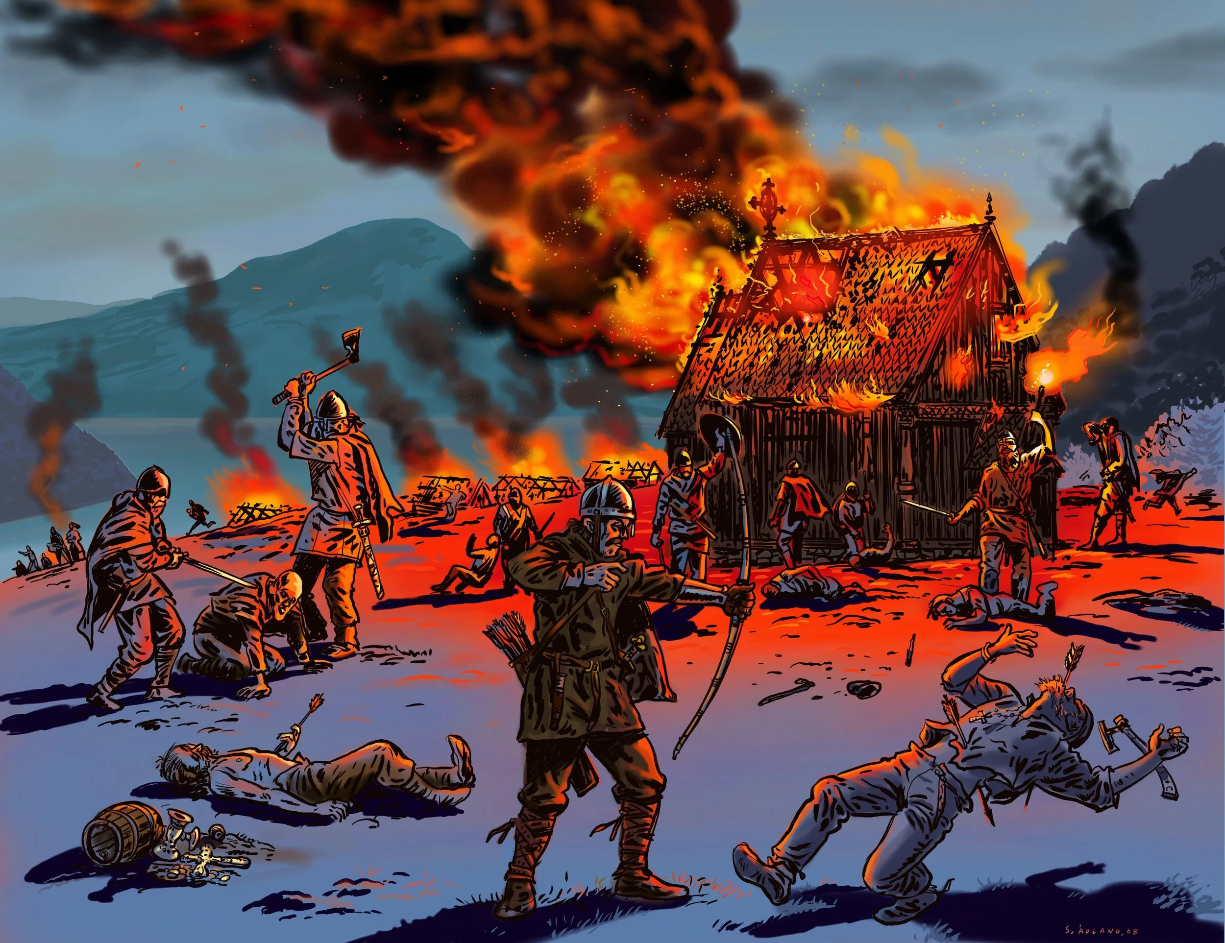 Illustrasjon som viser kong sverre straffe bøndene i Sogndal ved at dei plyndra og brende alle hus. teikna av Ståle Ådland.
