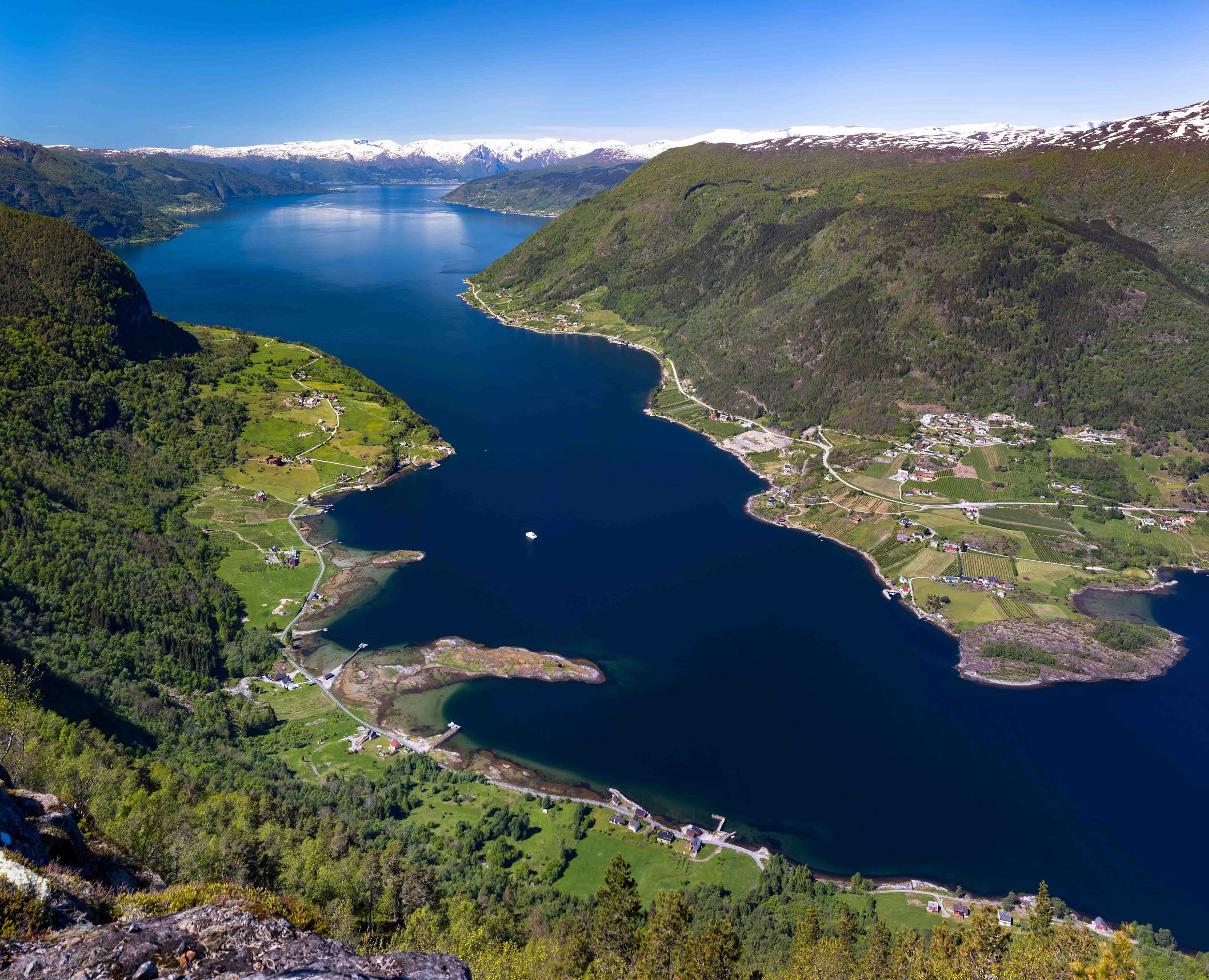 Utsiktsbilde over Sognefjorden med grøne åkrar og litt bebyggelse, omgitt av fjell med snø på toppene.