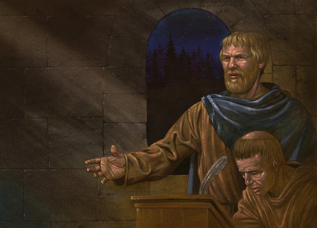 Illustrasjon som viser at Abbed Karl Jonsson skreiv medan kong Sverre dikterte innhaldet i delar av Sverresoga.