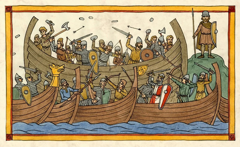 Teikning av sjøkamp med langskip