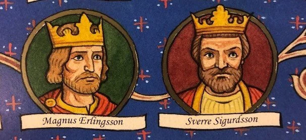 Illustrasjon av to kongelige menn med kroner, Magnus Erlingsson og Sverre Sigurdsson, på en historisk eller kirkelig plakat