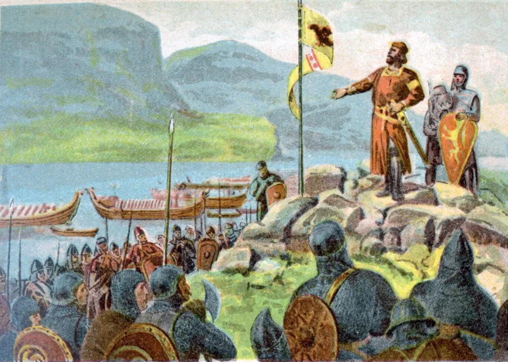 Kong Sverre og birkebeinarane teikna før slaget ved Fimreite. Illustrasjon i fargar.