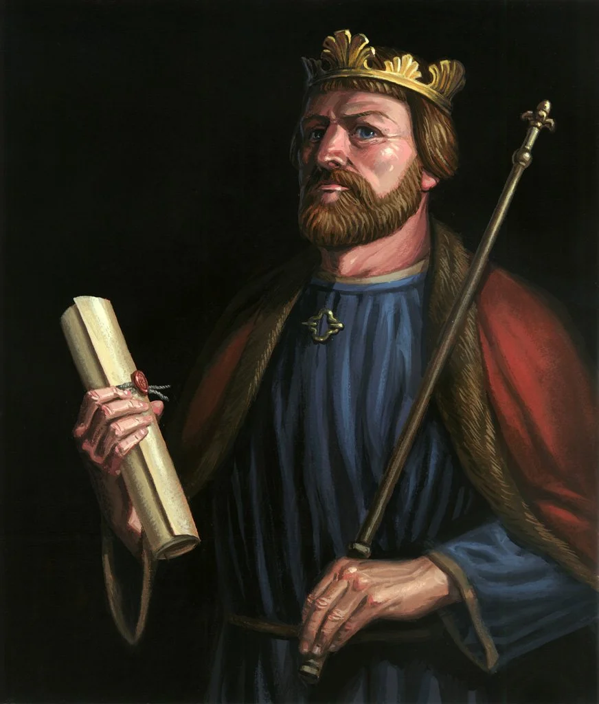 Et portrett av kong sverre med ein pergamentrull i handa. Han har skjegg og er kledd i en blå drakt med en kappe.