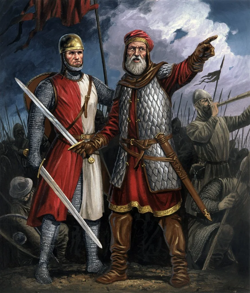 teikning som viser at kong Magnus likte å kle seg i skarlagensraudt og kvitt. Slik var han også kledd så han fall ved Fimreite.