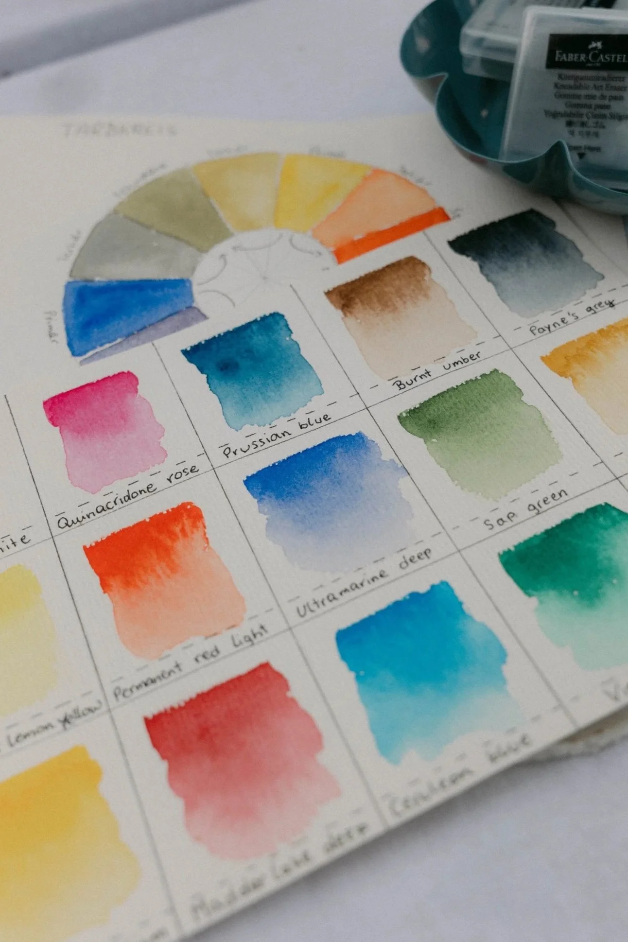 Farbpalette mit Wassermalfarben und Farbnamen in einer Tabelle