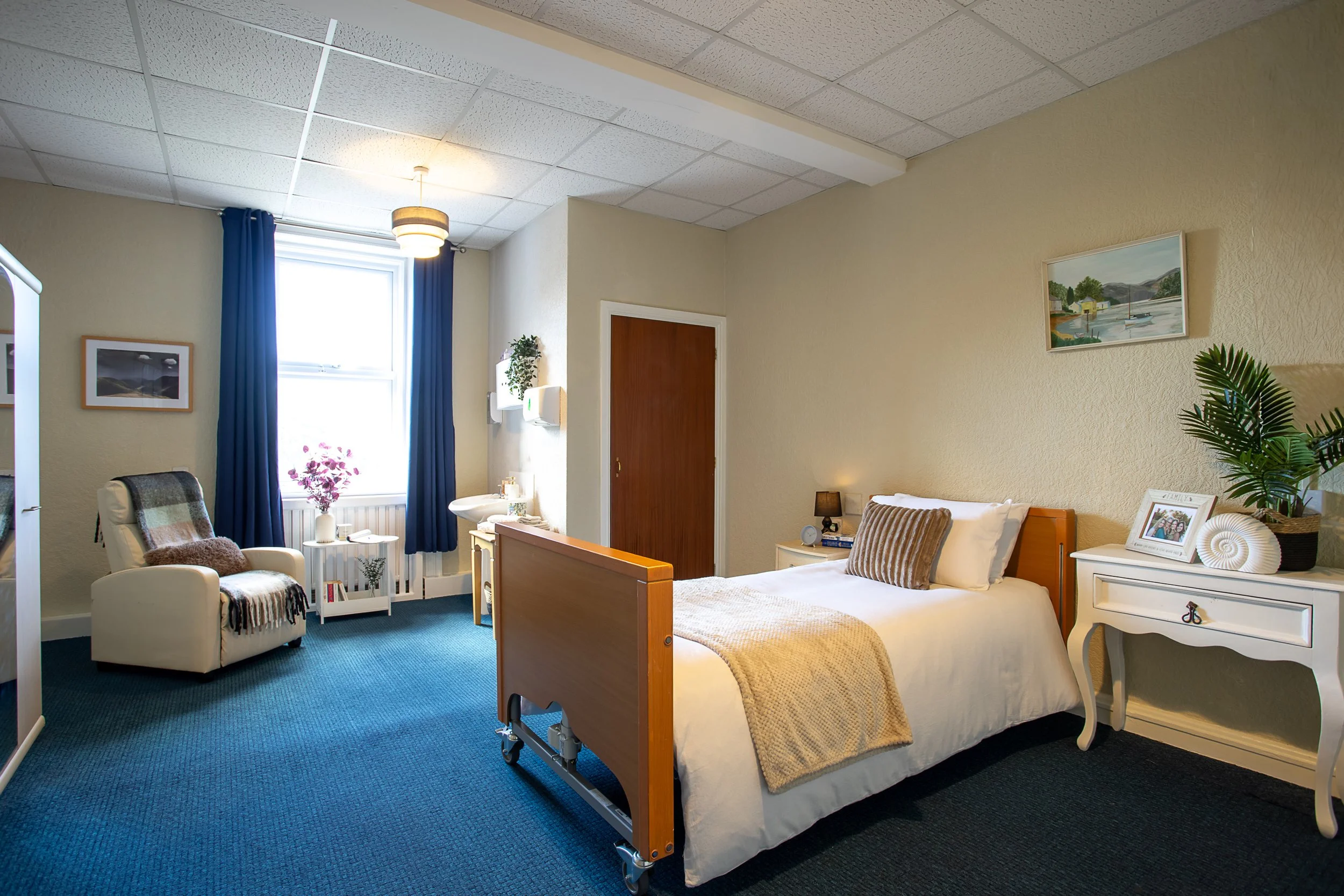 A cozy bedroom with a single bed, white bedding, and a brown pillow. There's a white nightstand with a small black lamp and a framed photo. A white dresser has a green plant and decorative shells. A window with blue curtains allows natural light, and