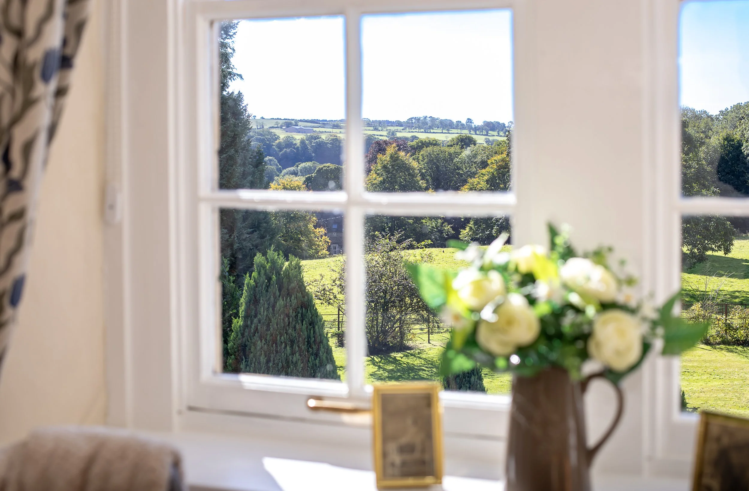 View through a window showing green trees, hills, and a bright blue sky. Inside, there is a vase with white roses and greenery on the windowsill, and a blurred picture frame and part of a sofa in the foreground.