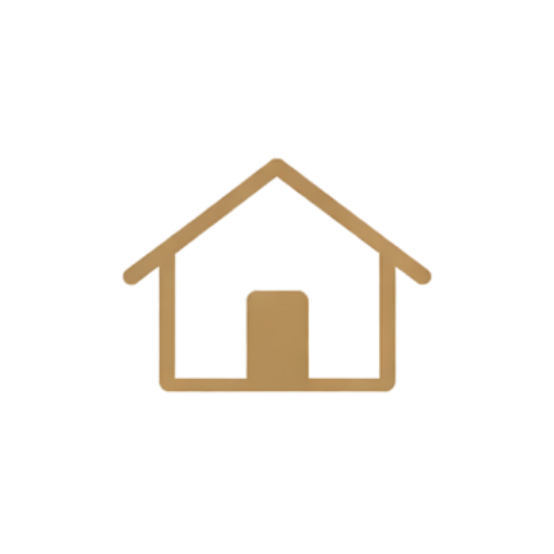 A simple icon of a house with a triangular roof and a rectangular door, colored in light brown.