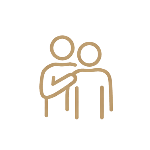 Line drawing of two people, one comforting the other with a hand on their shoulder.