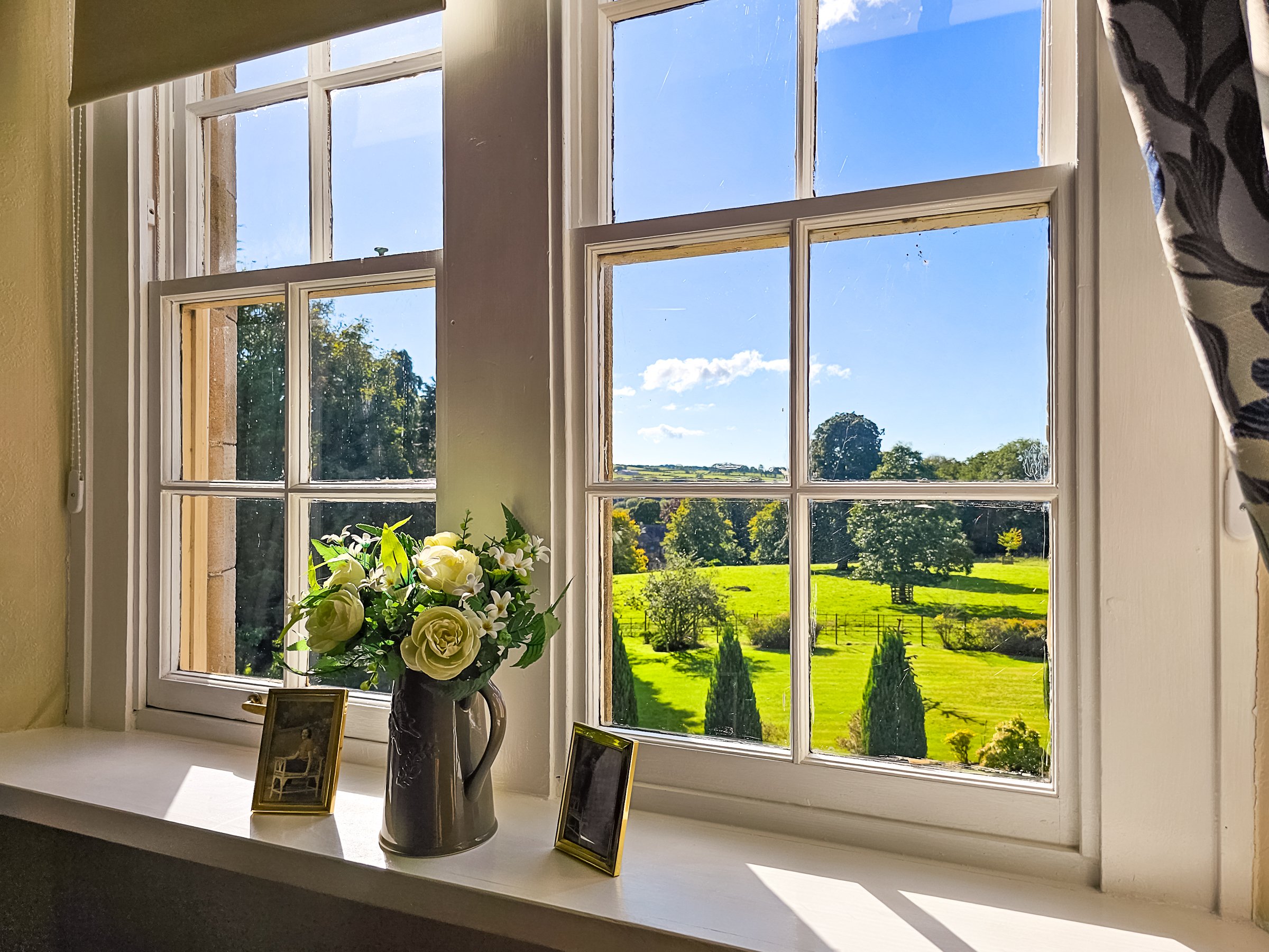 View through a window showing green fields, trees, and a blue sky with clouds. The windowsill has a vase of white flowers and two small framed photographs.